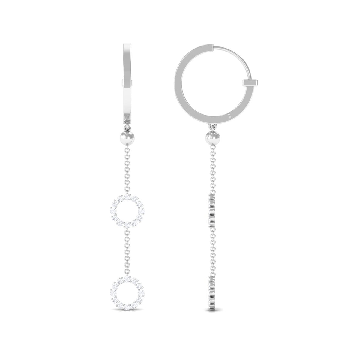 Rosec Jewels 1 CT open circle diamond dangle chain hoop earrings showcasing sparkling diamonds on silver hoops.
