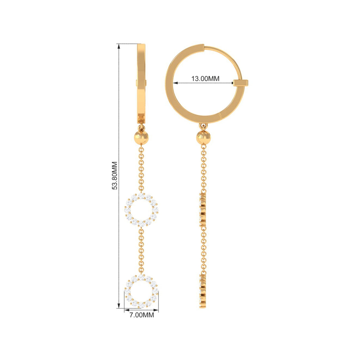 Rosec Jewels open circle diamond dangle chain hoop earrings, showcasing elegant silver hoops with sparkling diamond accents.
