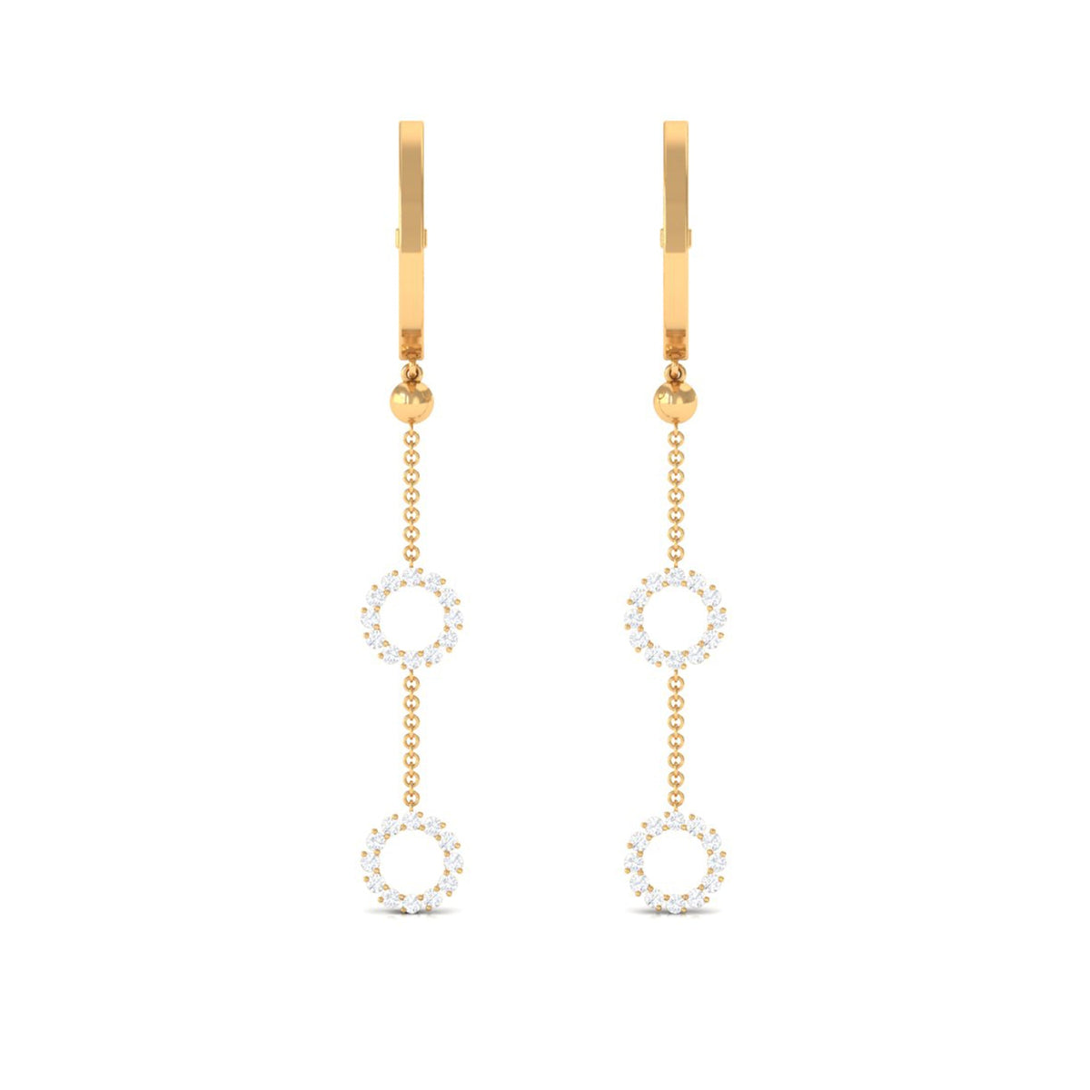 Open circle diamond dangle chain hoop earrings from Rosec Jewels featuring sparkling diamonds and gold-tone hoops.