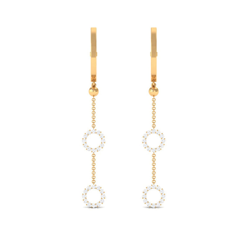 Open circle diamond dangle chain hoop earrings from Rosec Jewels featuring sparkling diamonds and gold-tone hoops.