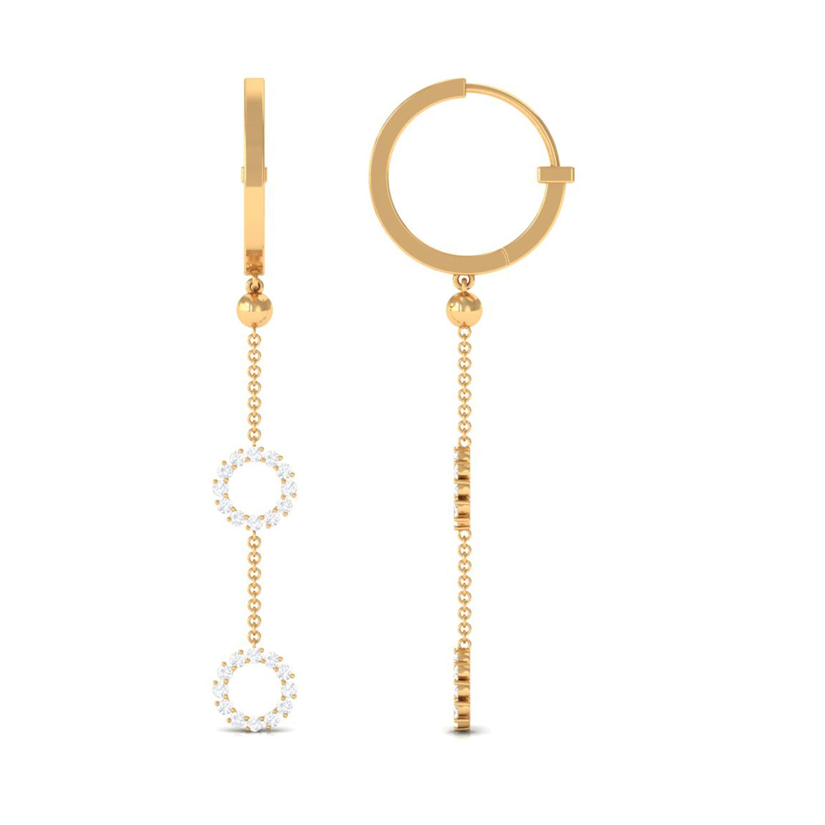 Rosec Jewels 1 CT open circle diamond dangle chain hoop earrings with sparkling diamonds and elegant design.