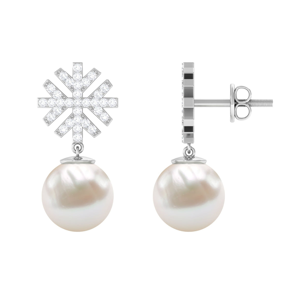 Freshwater pearl drop earrings with round diamond stones from Rosec Jewels, showcasing elegant jewelry design.