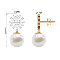 Freshwater pearl drop earrings with round diamond stones by Rosec Jewels, showcasing elegant pearl and sparkling diamond accents.