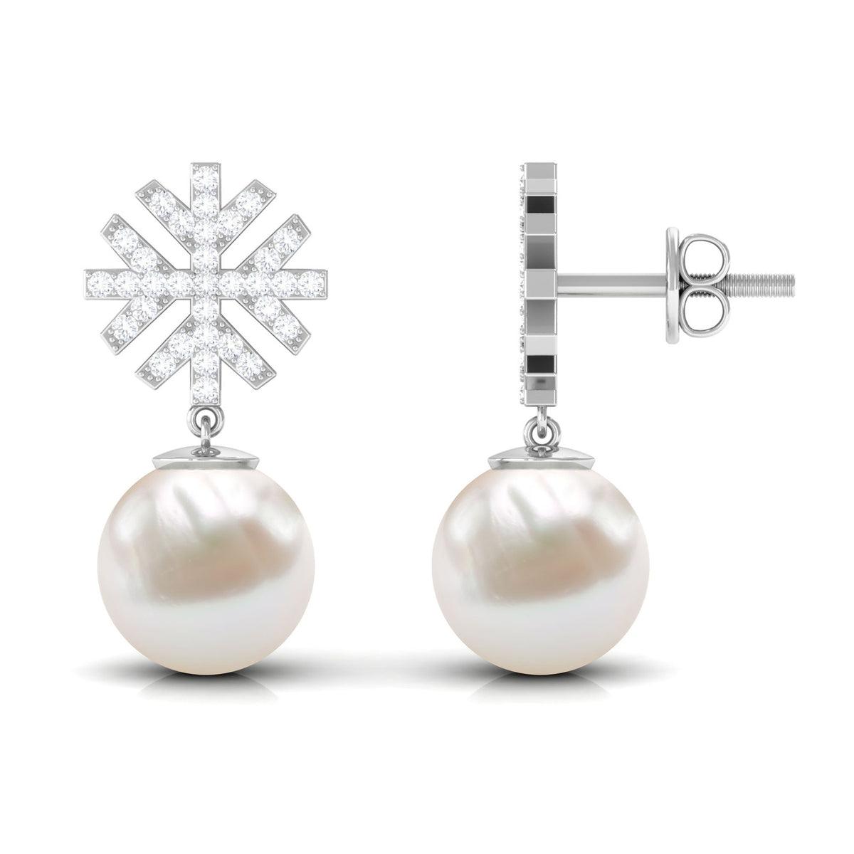 Freshwater pearl drop earrings with round diamond stones by Rosec Jewels, showcasing elegant jewelry design.