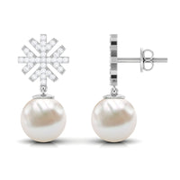 Freshwater pearl drop earrings with round diamond stones by Rosec Jewels, showcasing elegant jewelry design.
