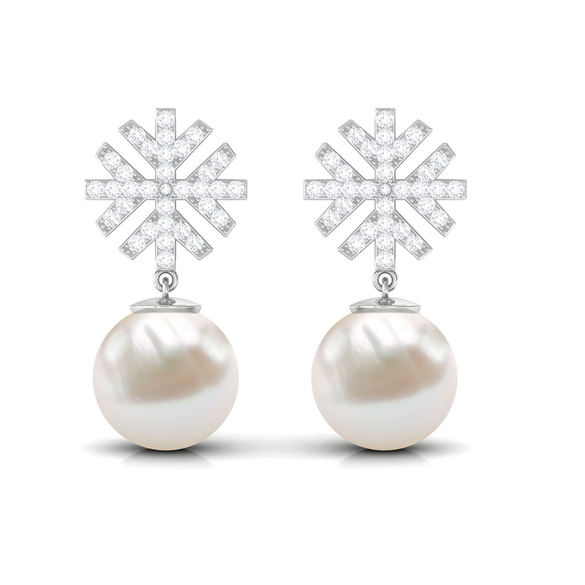 Freshwater pearl drop earrings with round diamond stones by Rosec Jewels, featuring elegant jewelry design and lustrous pearls.