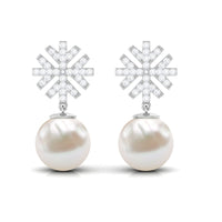 Freshwater pearl drop earrings with round diamond stones by Rosec Jewels, featuring elegant jewelry design and lustrous pearls.