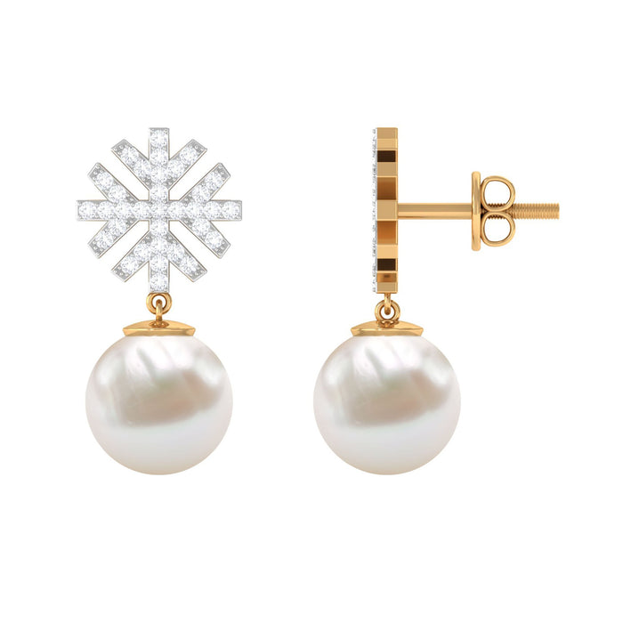 Freshwater pearl drop earrings with round diamond stones from Rosec Jewels, showcasing elegant jewelry design and sparkling accents.