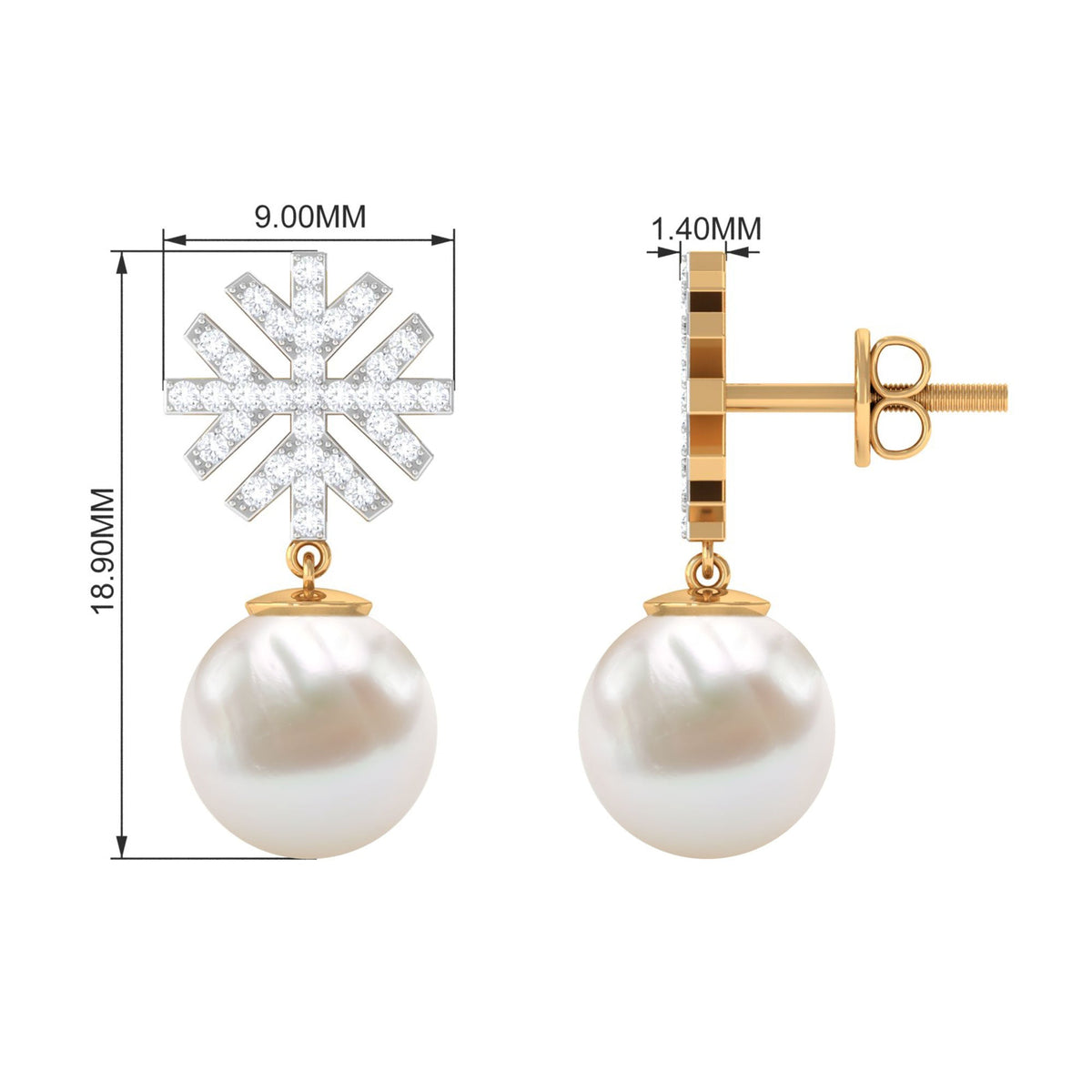 Freshwater pearl drop earrings with round diamond stones, elegant jewelry by Rosec Jewels featuring classic design and sparkling accents.