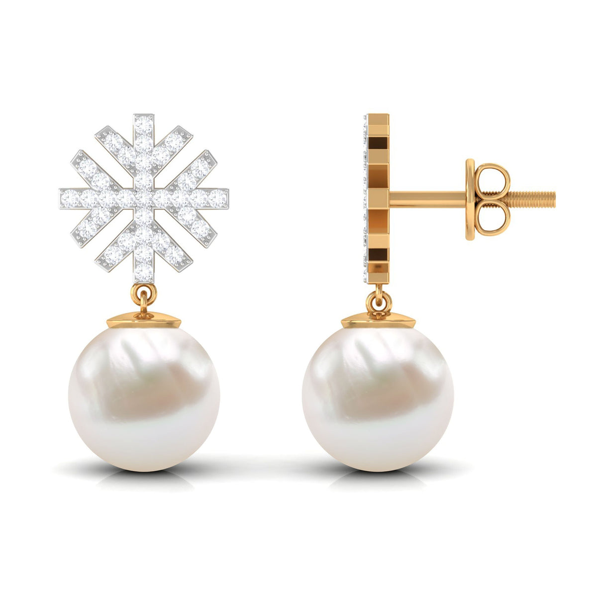 Freshwater pearl drop earrings with round diamond accents by Rosec Jewels showcasing elegant jewelry design