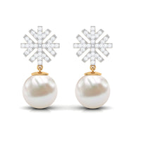 Freshwater pearl drop earrings with round diamond stones by Rosec Jewels, featuring elegant jewelry design and sparkling accents.