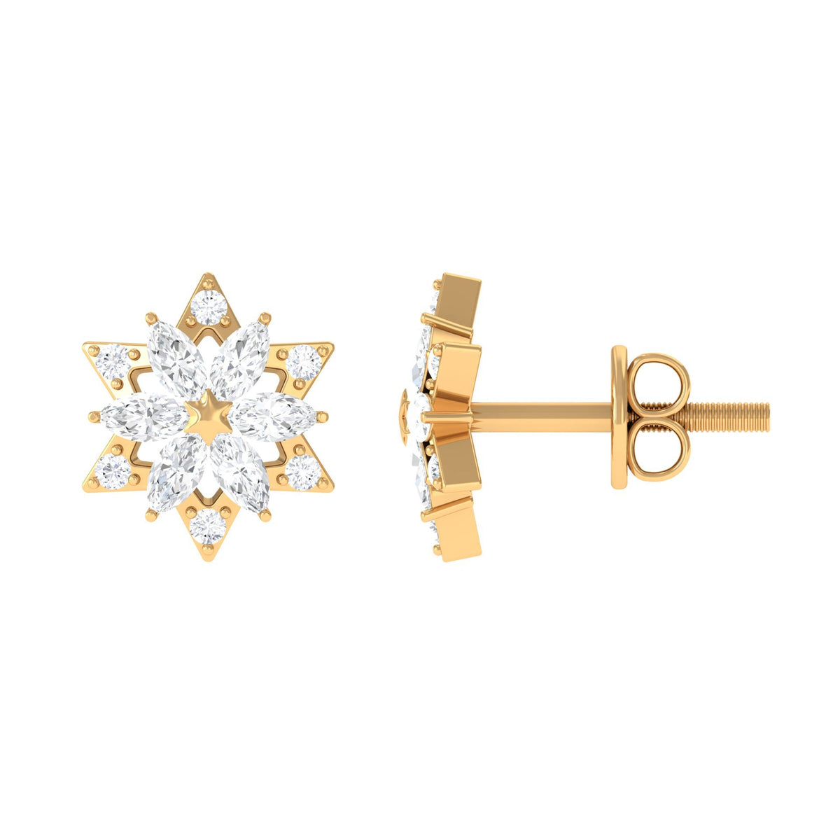 Round Diamond Flower Stud Earrings With Screw Back