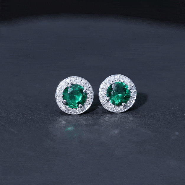 Lab-created emerald and diamond stud earrings by Rosec Jewels, featuring vibrant green gemstones and sparkling diamonds.