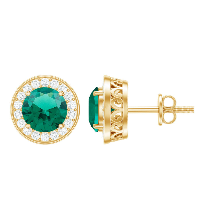 Lab created emerald and diamond wedding stud earrings by Rosec Jewels featuring a classic design and sparkling gemstones.