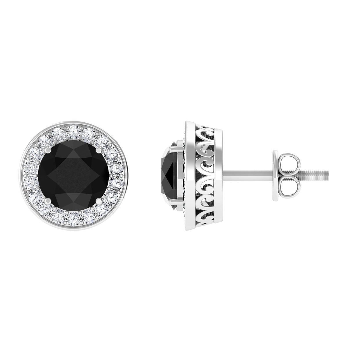 Natural black onyx stud earrings with diamond halo from Rosec Jewels, showcasing elegant jewelry design and sparkling accents.