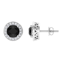 Natural black onyx stud earrings with diamond halo from Rosec Jewels, showcasing elegant jewelry design and sparkling accents.