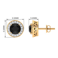 Natural black onyx stud earrings with diamond halo from Rosec Jewels, showcasing elegant gemstone and sparkling diamond accents.