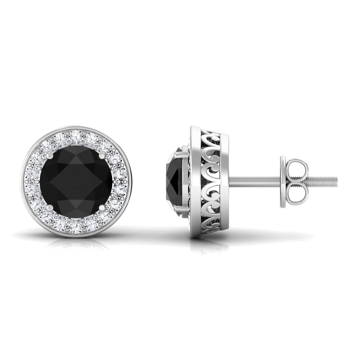 Natural black onyx stud earrings with diamond halo from Rosec Jewels, showcasing elegant gemstone and sparkling diamond accents.