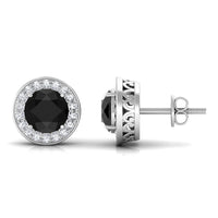 Natural black onyx stud earrings with diamond halo from Rosec Jewels, showcasing elegant gemstone and sparkling diamond accents.
