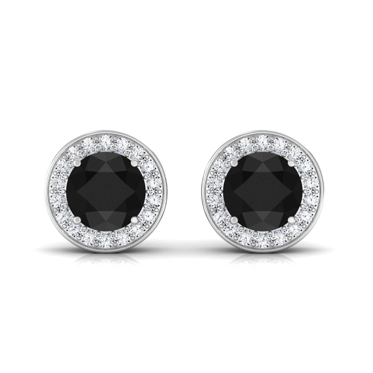 Natural black onyx stud earrings with diamond halo by Rosec Jewels, showcasing elegant gemstone and sparkling diamond accents.