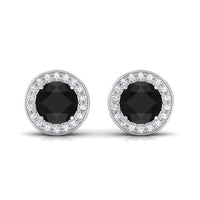 Natural black onyx stud earrings with diamond halo by Rosec Jewels, showcasing elegant gemstone and sparkling diamond accents.