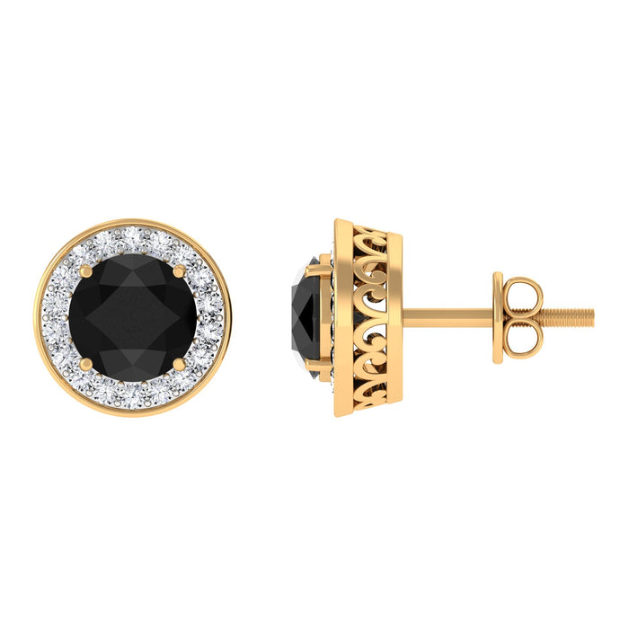 Natural black onyx stud earrings with diamond halo from Rosec Jewels, showcasing elegant jewelry design and sparkling accents.