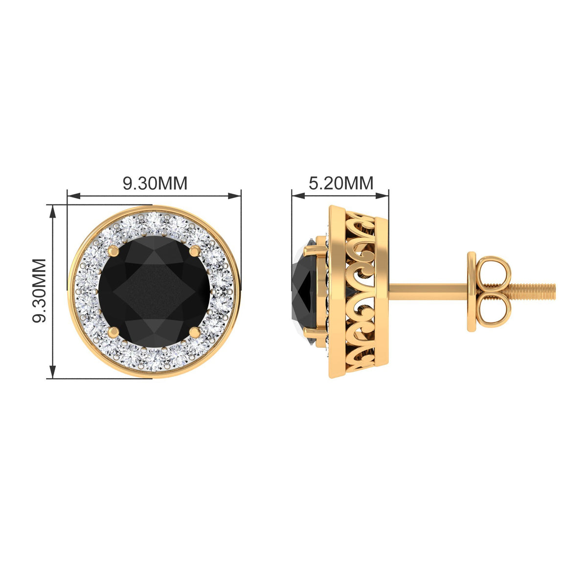 Natural black onyx stud earrings with diamond halo from Rosec Jewels, showcasing elegant jewelry design and sparkling accents.