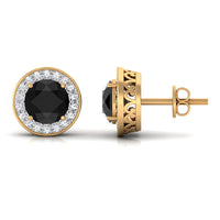 Natural black onyx stud earrings with diamond halo from Rosec Jewels, showcasing elegant jewelry design and sparkling accents.