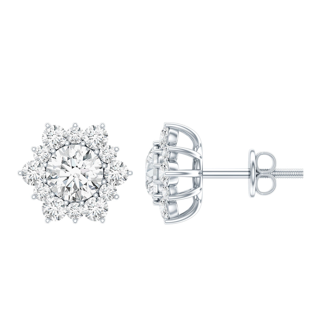 Rosec Jewels certified moissanite floral stud earrings with halo design, featuring sparkling gemstone details on silver posts.