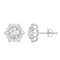 Rosec Jewels certified moissanite floral stud earrings with halo design, featuring sparkling gemstone details on silver posts.