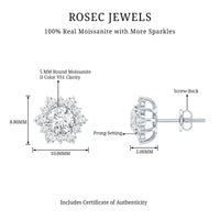 Rosec Jewels certified moissanite floral stud earrings with halo featuring sparkling gemstone designs on sterling silver.