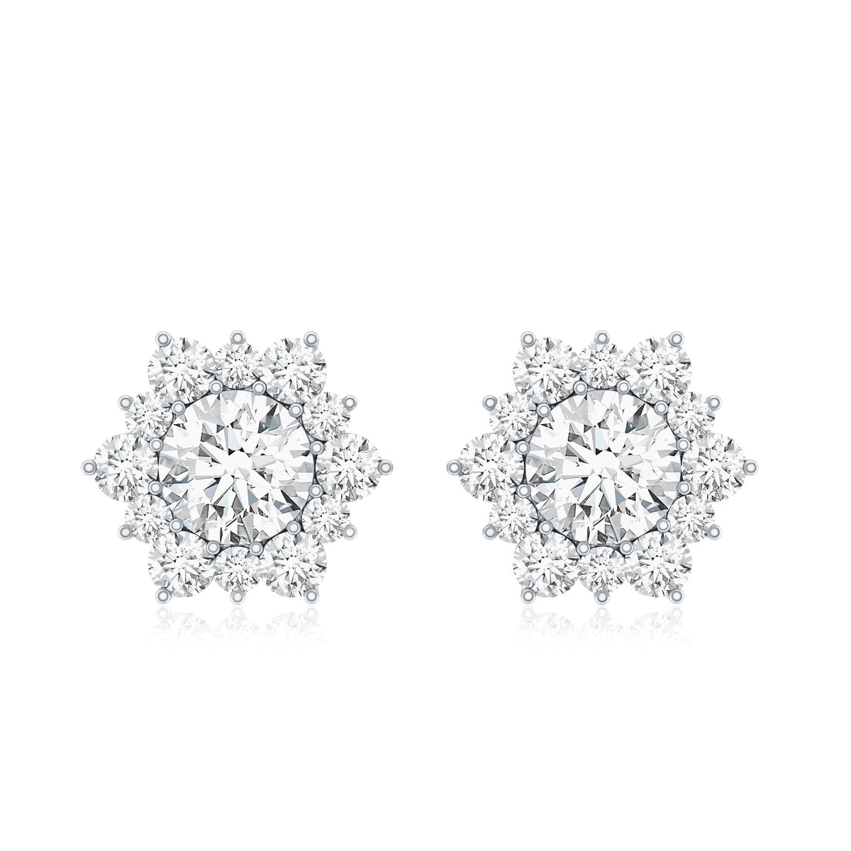 Certified Moissanite floral stud earrings with halo setting from Rosec Jewels, featuring sparkling flower-shaped design and elegant craftsmanship.