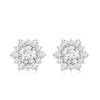 Certified Moissanite floral stud earrings with halo setting from Rosec Jewels, featuring sparkling flower-shaped design and elegant craftsmanship.