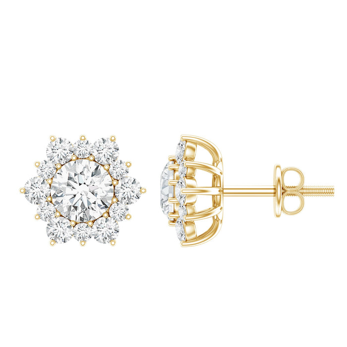 Rosec Jewels certified moissanite floral stud earrings with halo, featuring sparkling gemstone accents and intricate flower design.