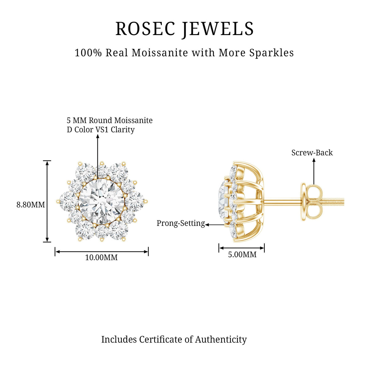 Rosec Jewels certified moissanite floral stud earrings with halo design, featuring sparkling gemstone accents and delicate flower shape