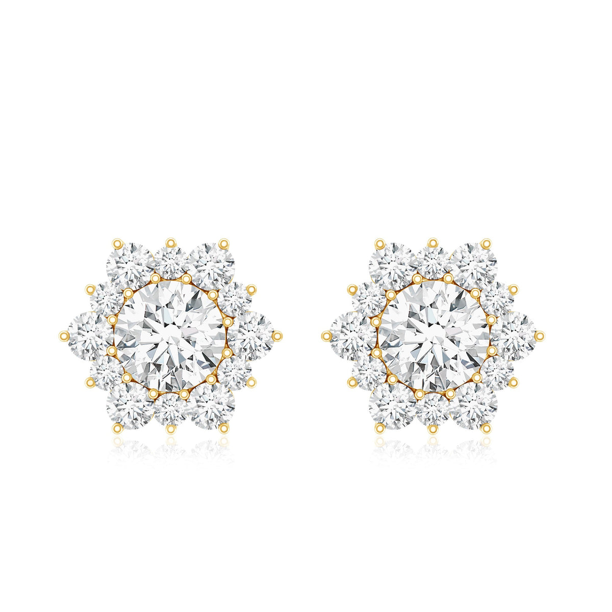 Rosec Jewels certified moissanite floral stud earrings with halo, featuring sparkling gemstone details and intricate flower design.