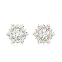 Rosec Jewels certified moissanite floral stud earrings with halo, featuring sparkling gemstone details and intricate flower design.