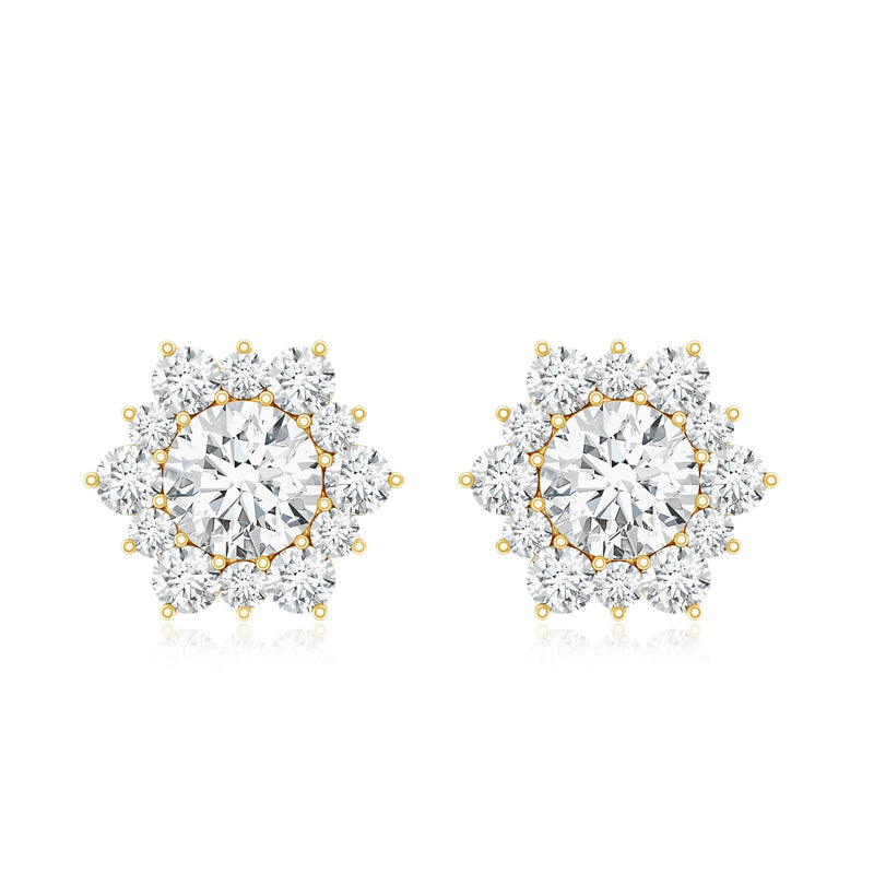 Rosec Jewels certified moissanite floral stud earrings with halo, featuring sparkling gemstone details and intricate flower design.