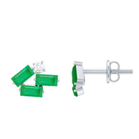 Rosec Jewels emerald and diamond cluster stud earrings featuring baguette-cut emeralds and sparkling diamonds.