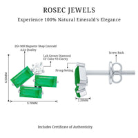 Emerald and diamond cluster stud earrings by Rosec Jewels featuring baguette-cut emeralds and sparkling diamonds.