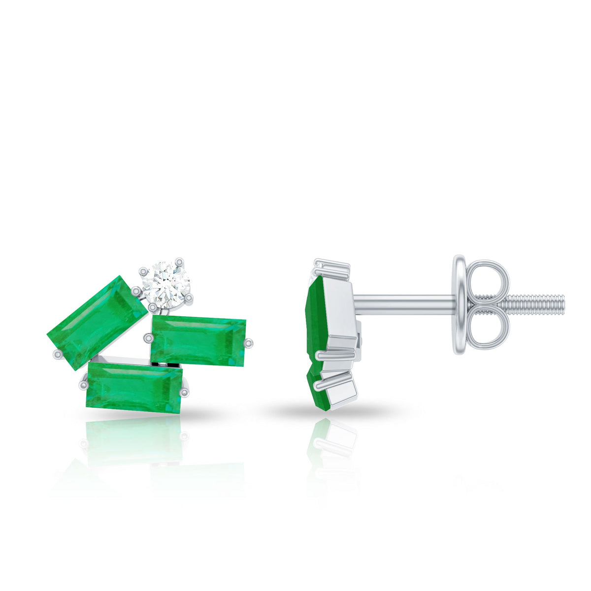 Rosec Jewels emerald and diamond cluster stud earrings featuring baguette cut emeralds and sparkling diamonds.