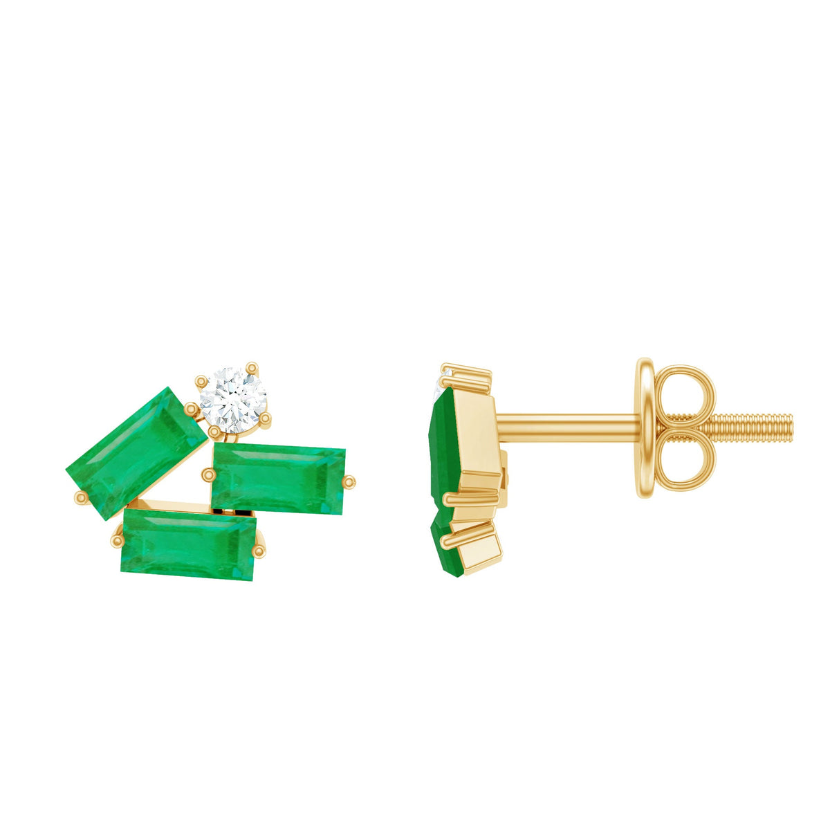 Emerald and diamond cluster stud earrings by Rosec Jewels featuring baguette-cut emeralds and sparkling diamonds.