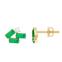 Emerald and diamond cluster stud earrings by Rosec Jewels featuring baguette-cut emeralds and sparkling diamonds.