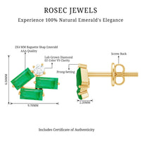 Emerald and diamond cluster stud earrings by Rosec Jewels featuring baguette cut emeralds and sparkling diamonds.