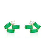 Rosec Jewels Baguette cut emerald and diamond cluster stud earrings with elegant gold settings.