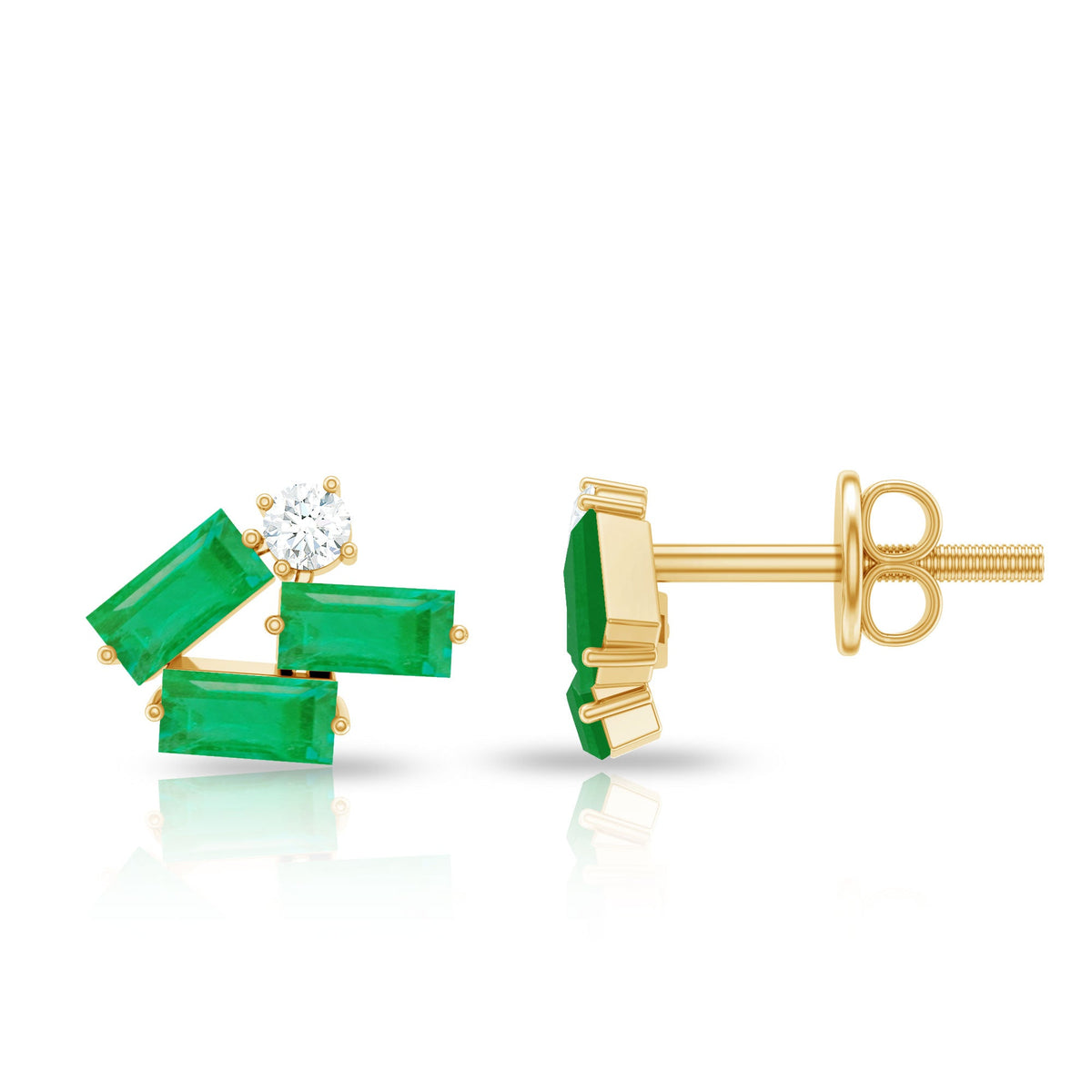 Baguette cut emerald and diamond cluster stud earrings by Rosec Jewels showcasing vibrant green gemstones and sparkling diamonds.