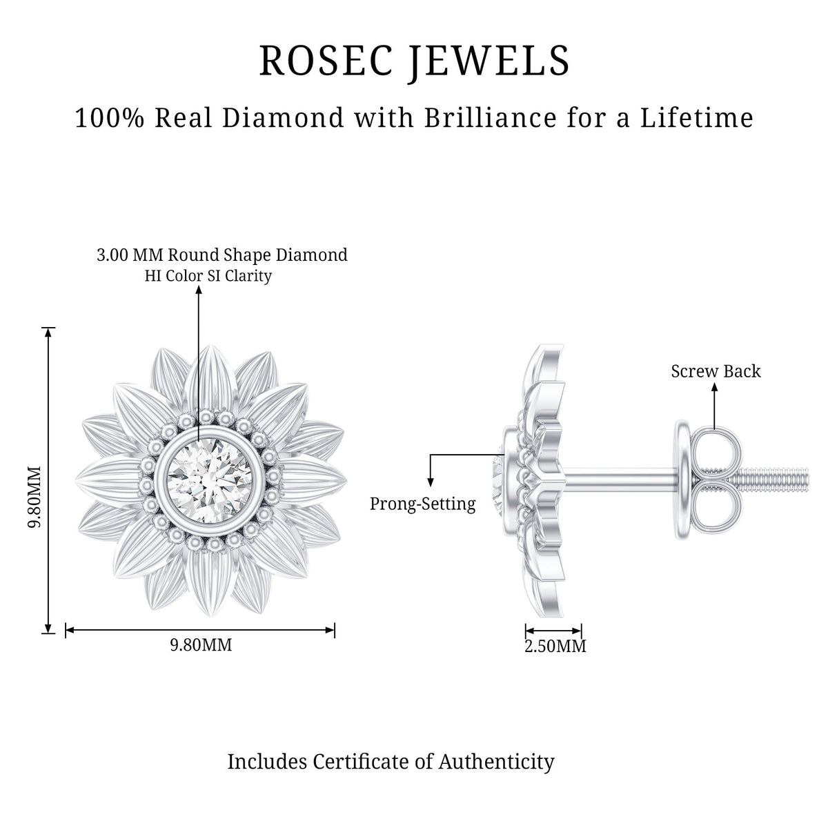 Diamond sunflower stud earrings for women by Rosec Jewels featuring sparkling diamond accents and sunflower design.