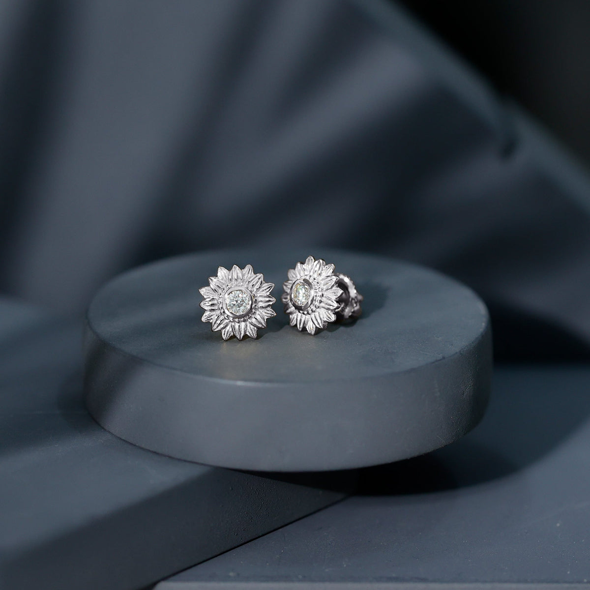 Diamond sunflower stud earrings for women by Rosec Jewels featuring sparkling diamond accents and sunflower design.