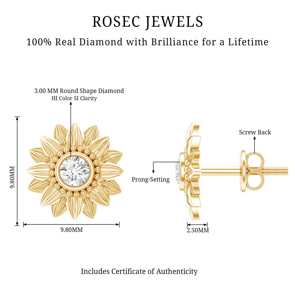 Diamond sunflower stud earrings by Rosec Jewels featuring sparkling diamond accents and sunflower design on gold studs.