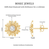 Diamond sunflower stud earrings by Rosec Jewels featuring sparkling diamond accents and sunflower design on gold studs.